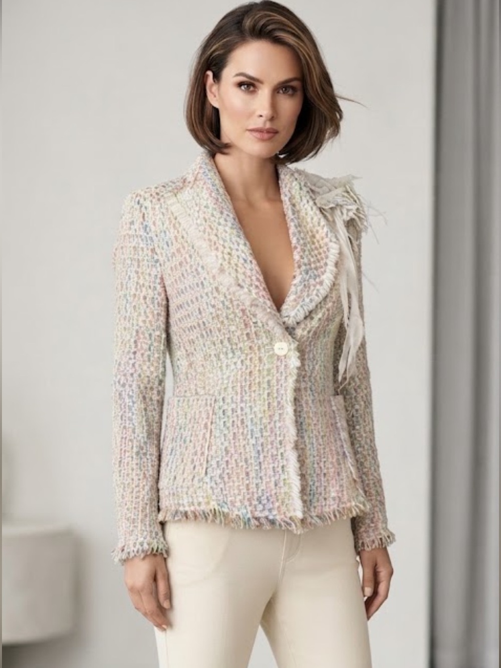 Vintage NWT Ann Carson Silk blend Pastel Tweed Fringe Blazer Removable Flower